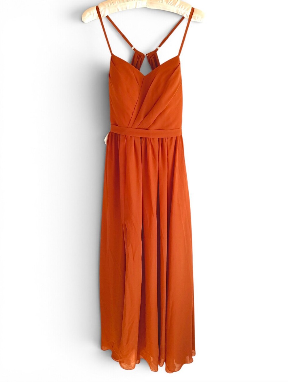 Terracotta Goddess Back Gown Spaghetti-Strap Maxi Dress Sheer Flowy Elegant Sm